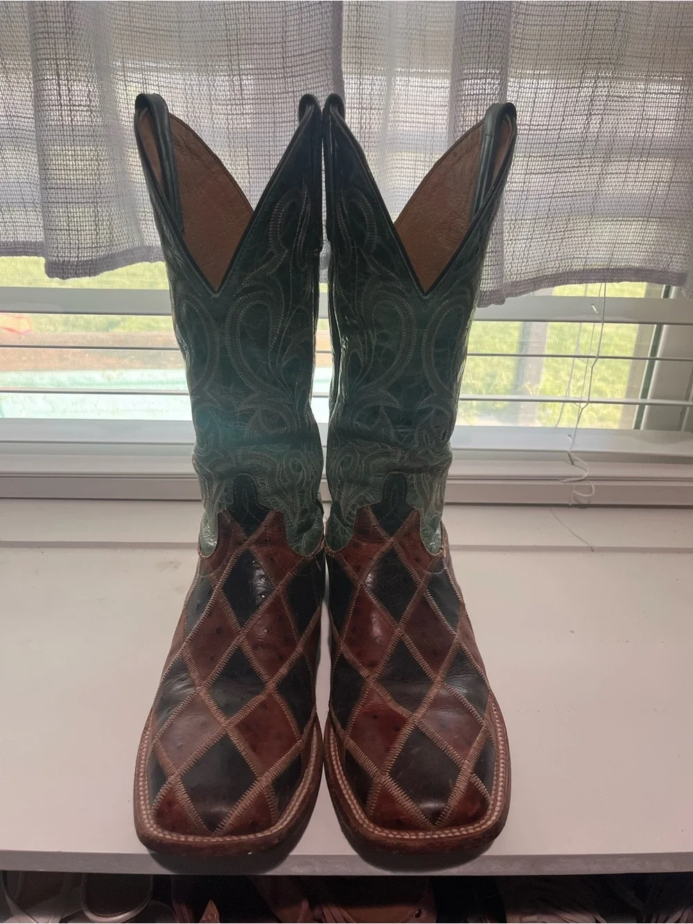 Men's Two-Tone Leather Western Boots - Brown & Green